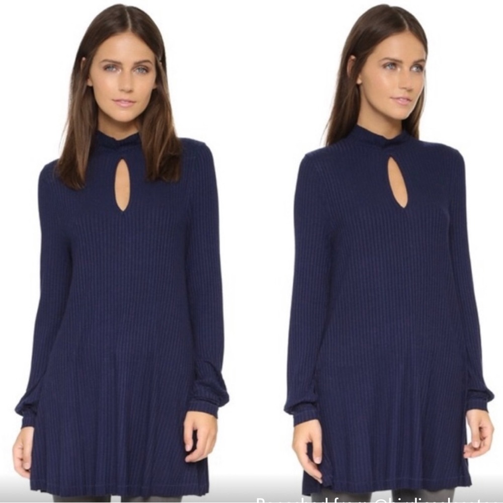 NWT Free People COPA BANANA Navy Ribbed Mock Neck Keyhole Tunic Sz XS